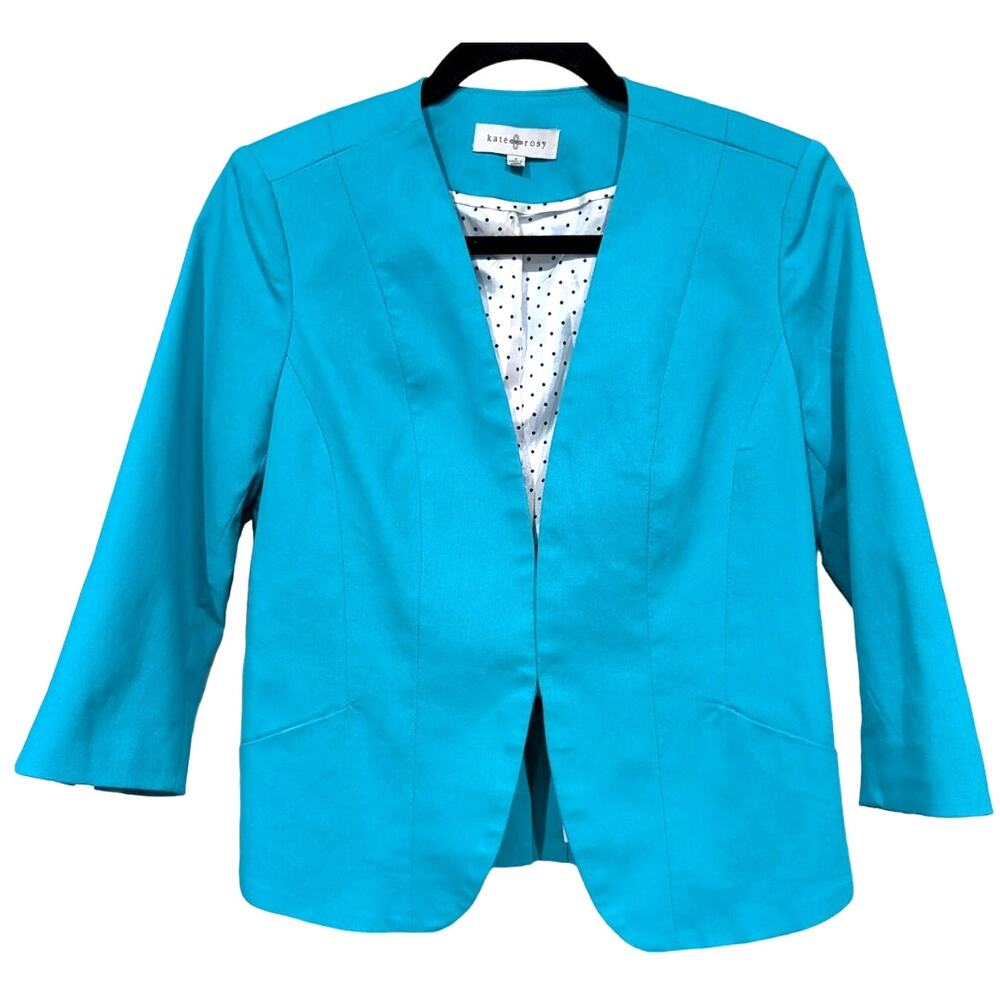 Kate Rosy Ocean Blue 3/4 Sleeve Blazer sz S Polka Dot Lining Hook Loop Closure